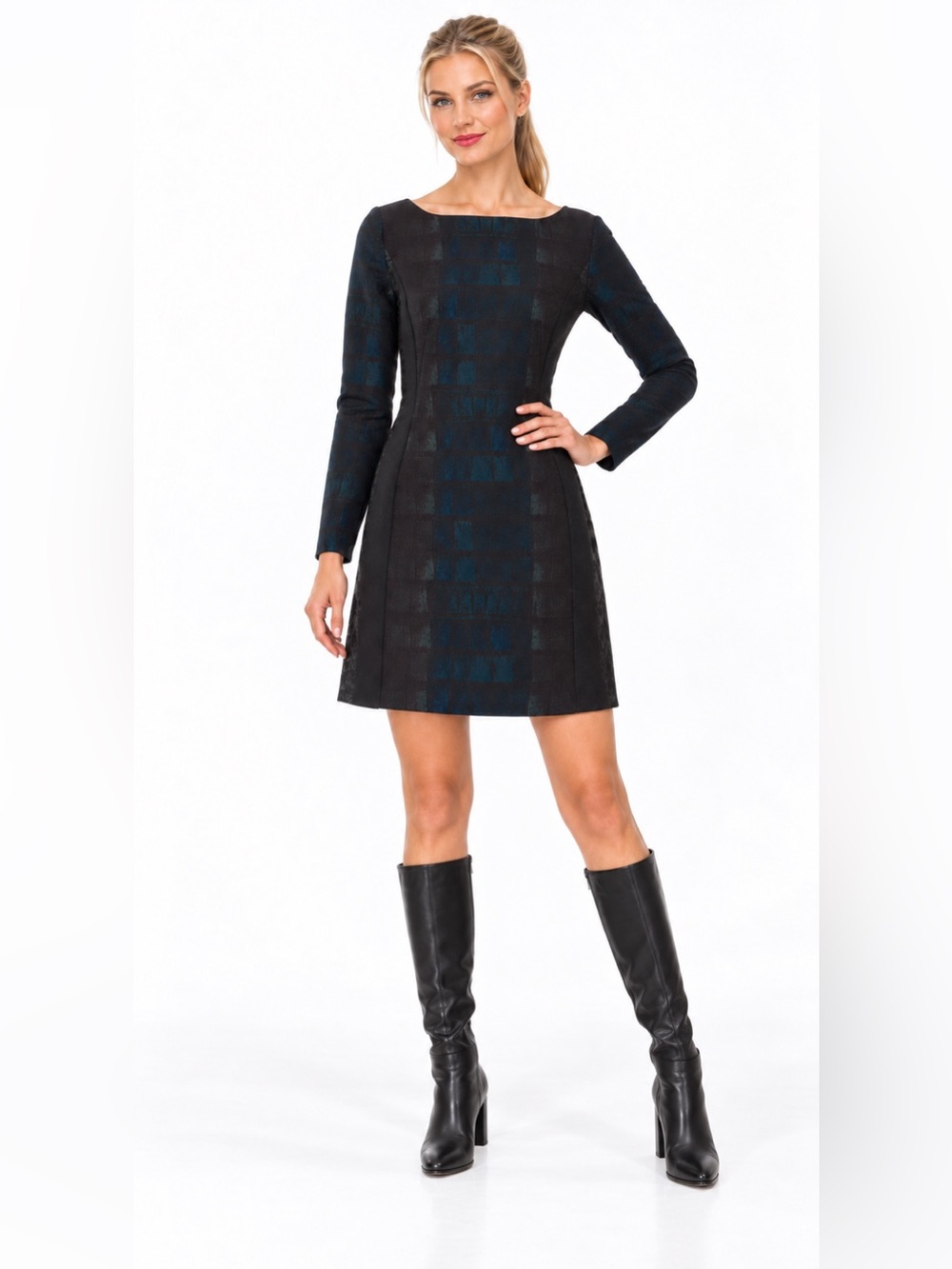 Cédric Charlier Navy Black Plaid Wool Long Sleeve Mini Dress NWOT Size M - Picture 7 of 7